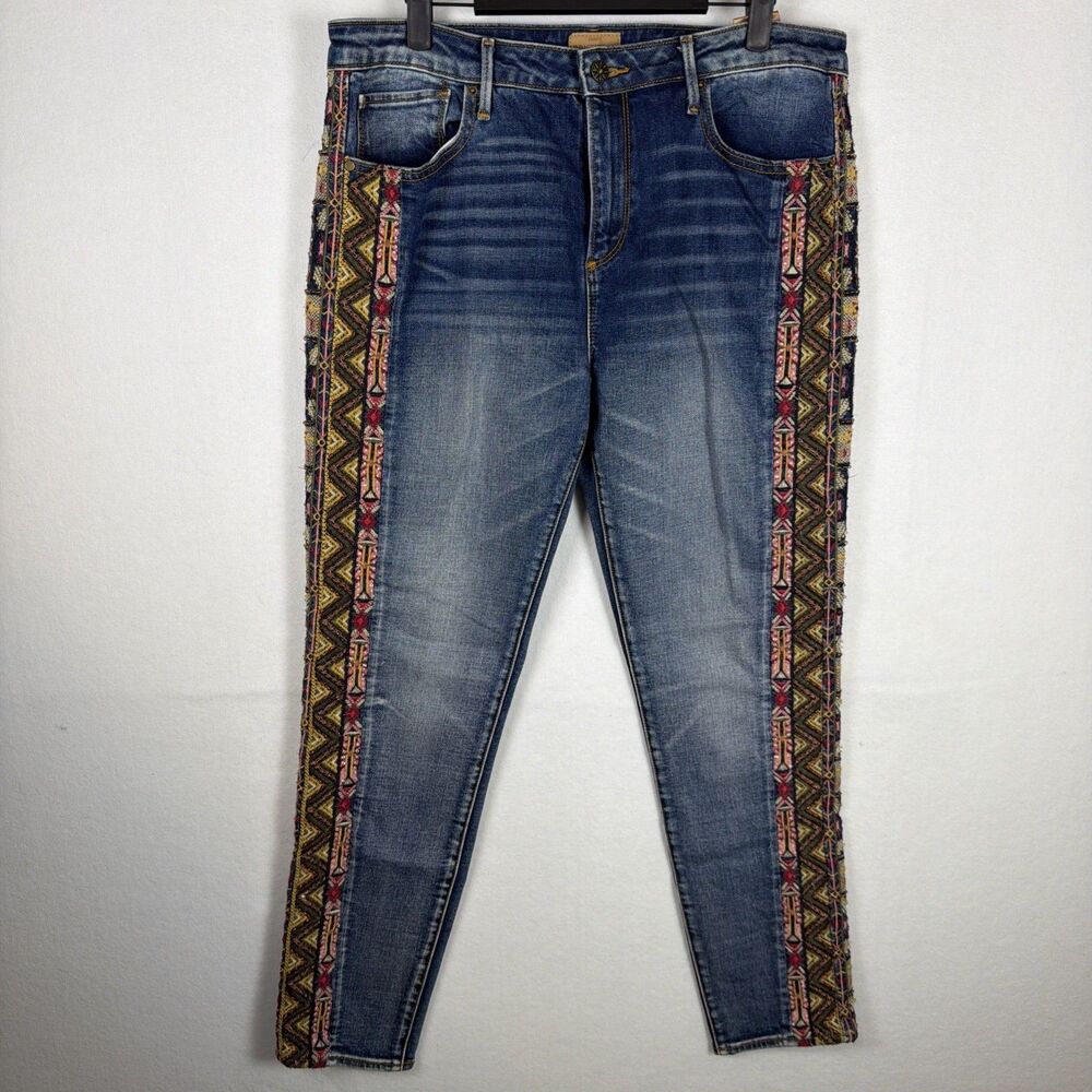 Driftwood Women’s Jackie Side Embroidered Aztec Pattern Stretch Jeans Sz 31